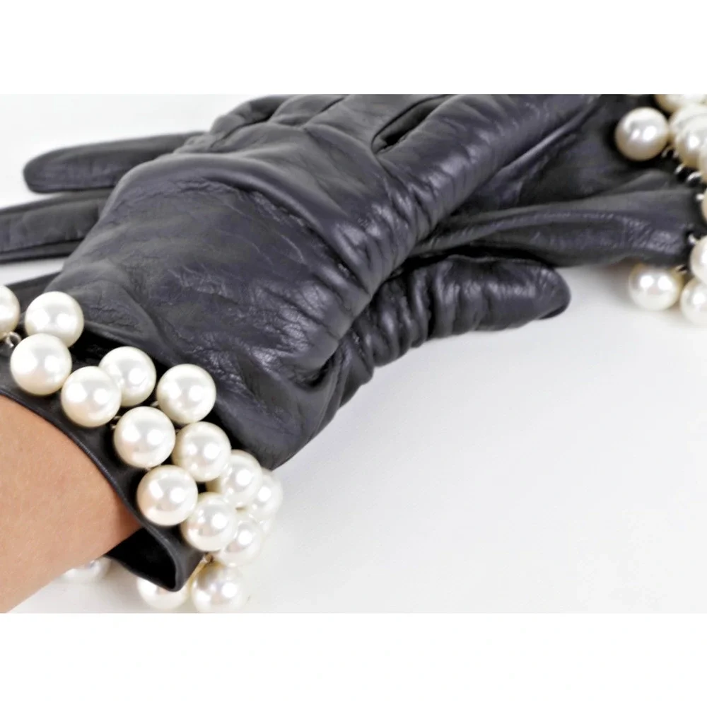 Tally B. Vintage Black Leather Triple Pearl Bead Fringe Gloves Silk Lined Size 8